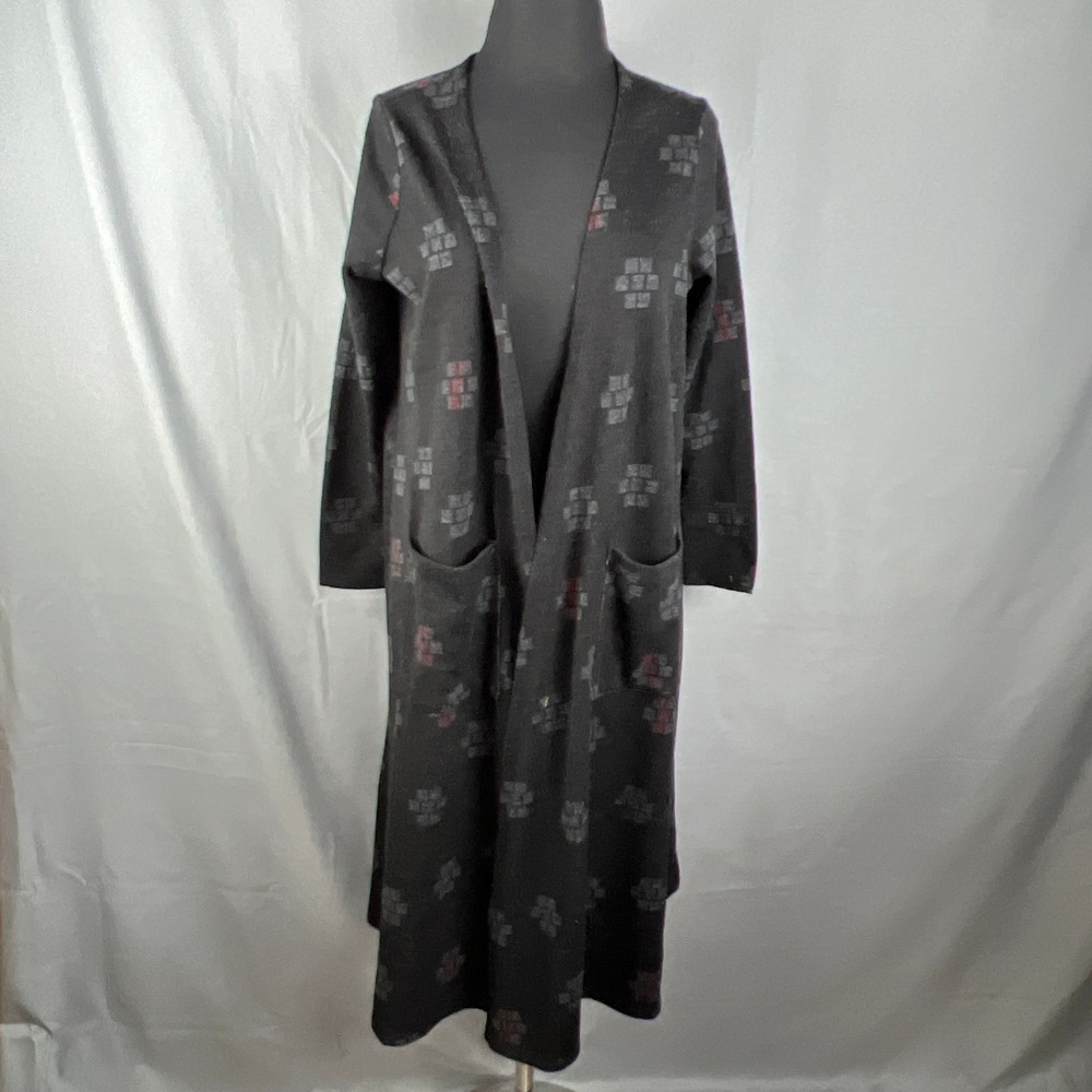 Lularoe Long Duster Cardigan Sweater Womens Medium Gray Geometric Open Front